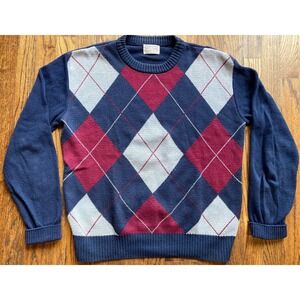 Vintage Argyle Sweater Mens Large Lion Crafters USA Made Navy Blue Knit
